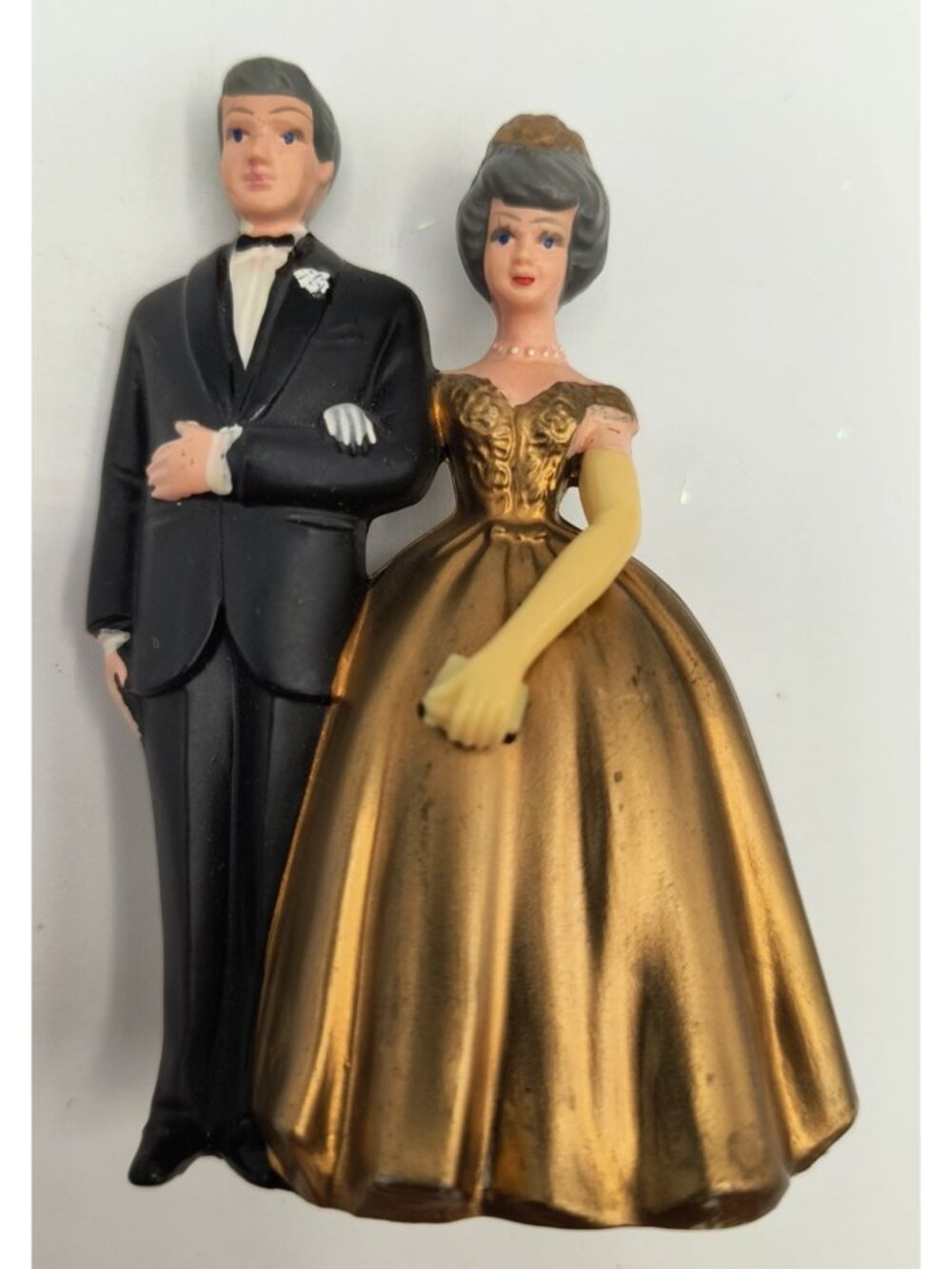 Vintage Wilton Couple Figurine Cake Topper Gold Dress Black Tuxedo Anniversary